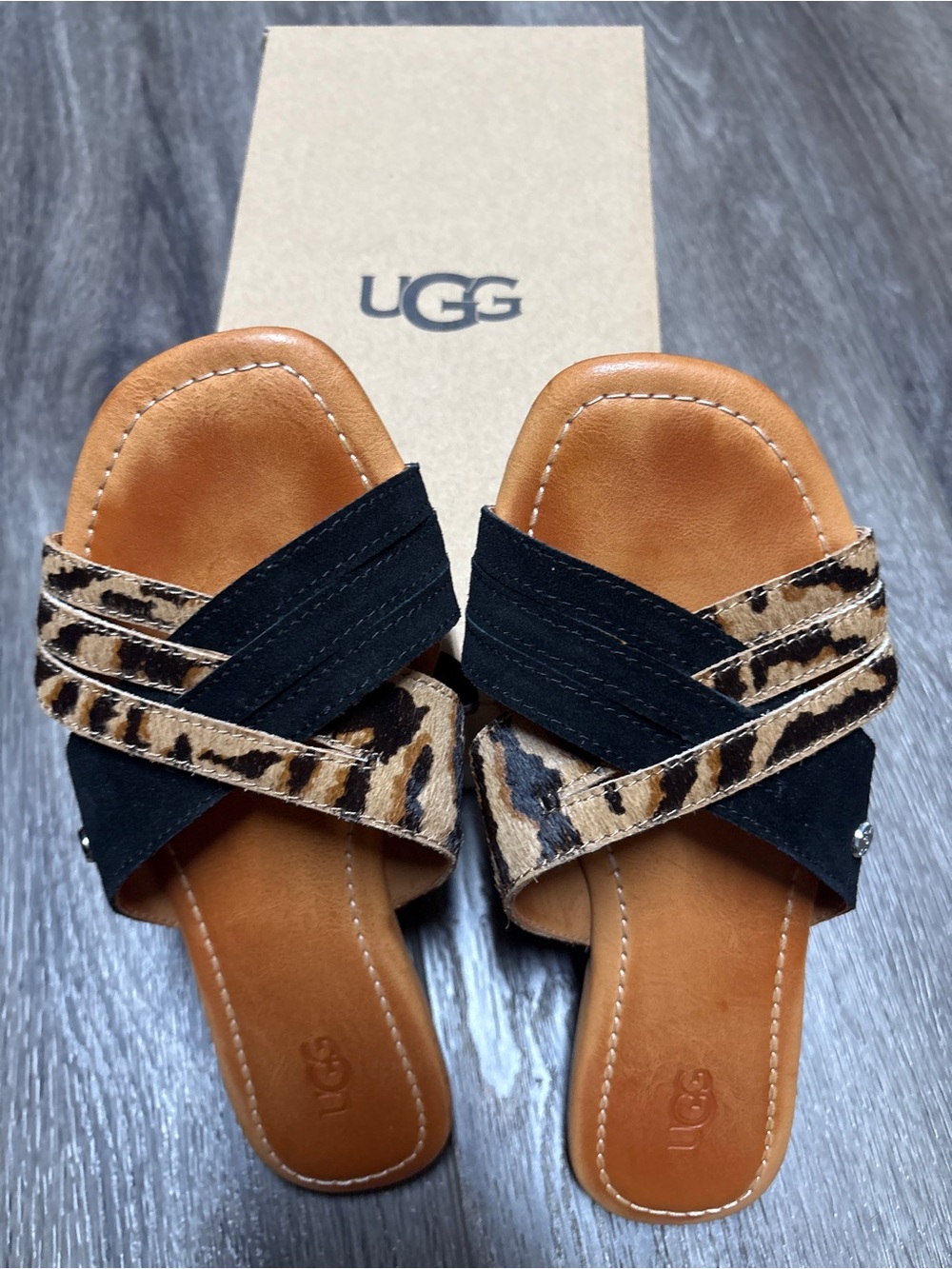 UGG Leopard Print & Black Crossover Slide Sandals